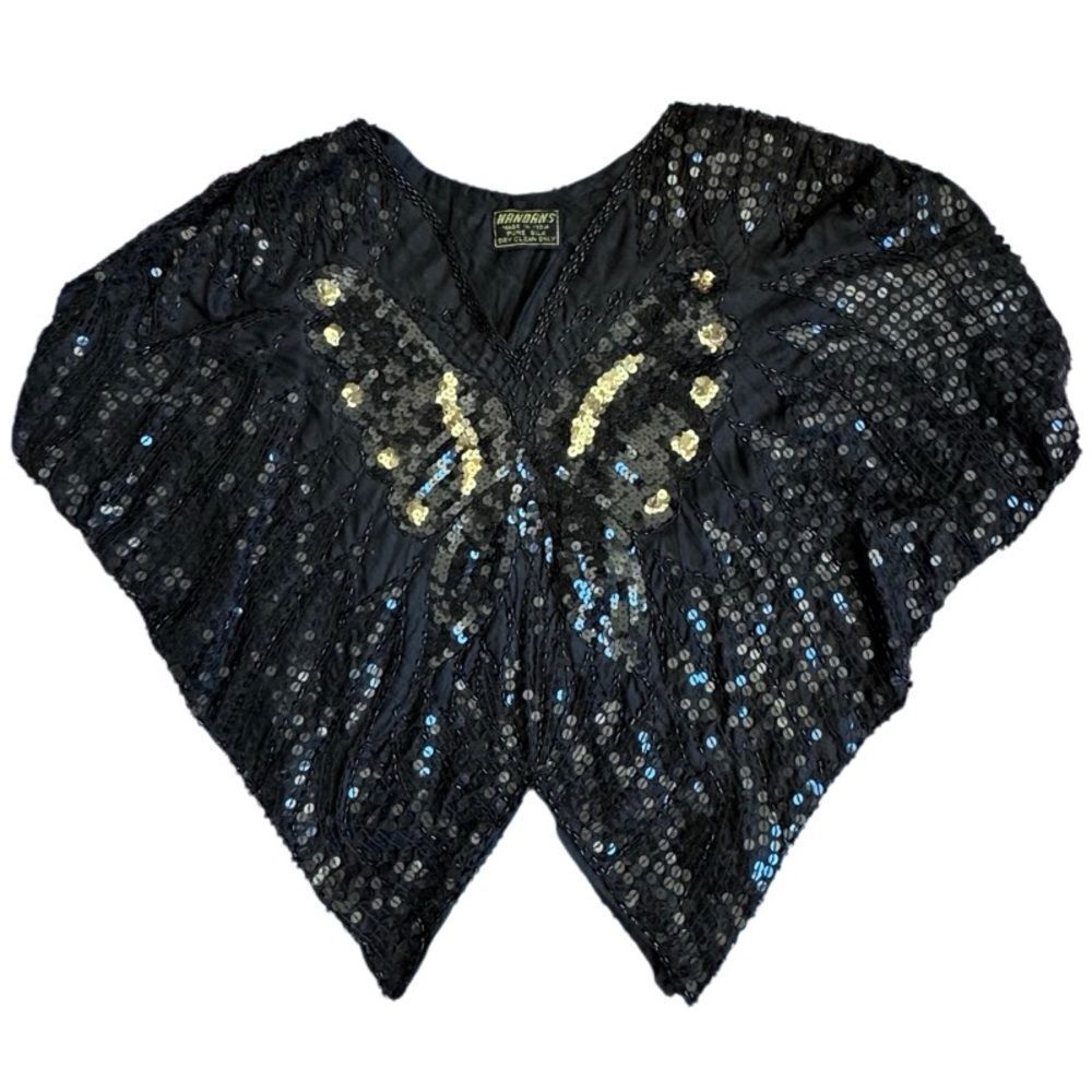 Nandans Vintage Top Black Sequin Butterfly 100% Silk Womens